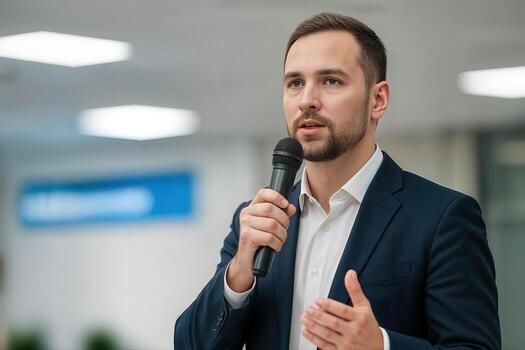 Conference Speaker Holding Microphone During Presentation Indoors With Blurred Background Focused On Communication And Engagement photo