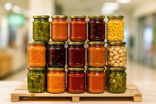Supermarket Display of Colorful Jars Arranged on a Wooden Shelf in a Well Lit Indoor Setting with a Slight Blur in the Background photo