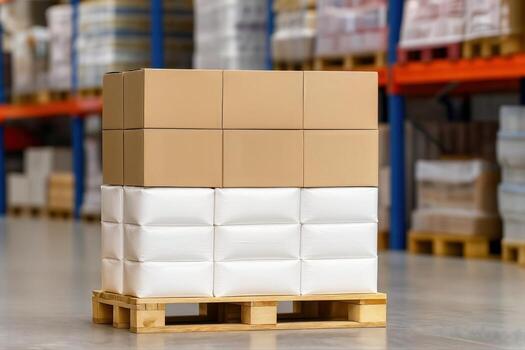 Warehouse With Stacked Cardboard Boxes On Wooden Pallets Indoors Featuring Organized Logistics And Storage Setup With Shallow Depth Of Field photo