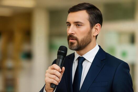 An Indoor Event Features A Man In A Suit Speaking Into A Microphone Under Soft Lighting With A Blurred Background For A Professional Presentation Setting photo