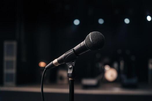 Empty Concert Stage With Microphone In Focus On Dimly Lit Background Creating A Dramatic Scene With Shallow Depth Of Field photo