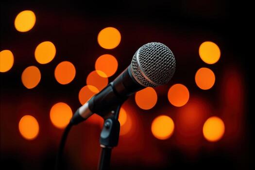 Concert Microphone Spotlighted Against Defocused Festival Lights With Shallow Depth Of Field Creating A Dramatic And Vibrant Atmosphere photo