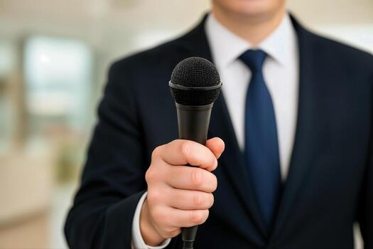 Microphone Being Held by a Person in a Suit Indoors, Suitable for Public Speaking or Interviews, With Shallow Depth of Field photo