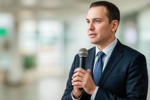 Public Speaking Event Featuring a Man Holding a Microphone Indoors with Blurred Background and Professional Attire in a Formal Setting photo