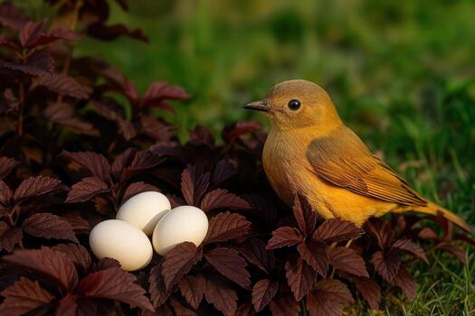 Bird's Nest With Eggs And Golden Bird In Garden With Shallow Depth Of Field On A Sunny Day Outdoors Capturing The Natural Beauty Of Wildlife photo