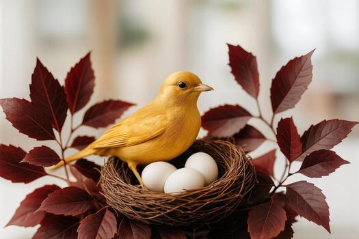 Golden bird perched on a nest with eggs surrounded by red leaves in a natural setting with soft lighting and a blurred background photo