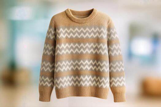 acogedor tejer suéter con estampado rayas suspendido en contra un suavemente borroso interior antecedentes creando un calentar y atractivo atmósfera foto