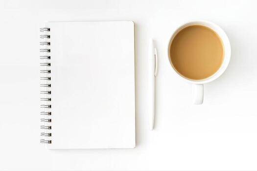 Minimalist Flatlay Featuring A Spiral Notebook With Blank Pages, A Pen, And A Cup Of Coffee On A White Background Creating A Clean And Simple Composition photo