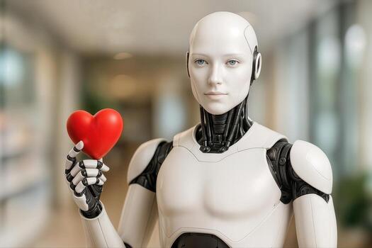 Robot Holding Red Heart Symbolizing Human AI Connection Indoors With Soft Natural Light And Shallow Depth Of Field In A Futuristic Setting photo