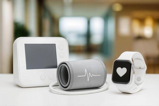 Heart Health Technology Displaying Modern Devices for Monitoring Health Metrics Indoors on a Table, Featuring a Smartwatch, Blood Pressure Monitor, and Heart Icon photo