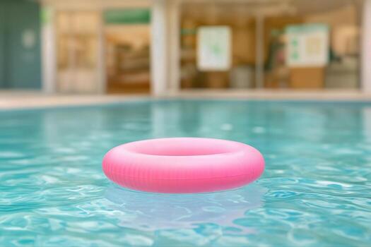Inflatable Pink Pool Ring Floating in a Clear Blue Swimming Pool on a Sunny Day With Bright Reflections and Blurred Background photo