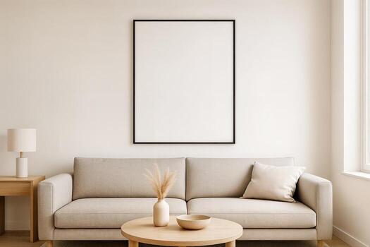 Minimalist Living Room Design Featuring a Neutral Colored Sofa and Decorative Elements in a Bright Interior Setting With a Large Window Allowing Natural Light photo