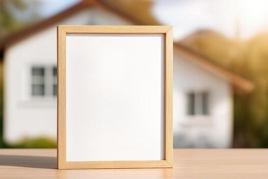 Mockup of a Wooden Frame in an Outdoor Setting Featuring a House in the Background with Blurred Details and Bright Natural Lighting photo