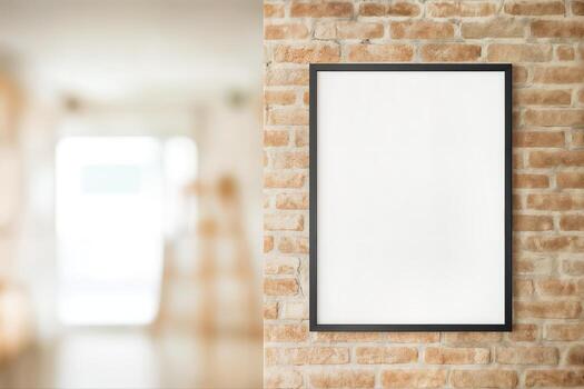 Loft Interior Featuring a Brick Wall with a Blank Framed Poster Ideal for Customization and Home Decor Inspiration With Shallow Depth Of Field photo