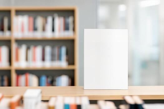 Modern Library Corner Featuring Empty White Board On Wooden Table With Books In Shelves And Bright, Soft Natural Light In Background photo