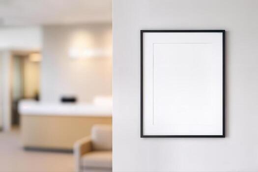 Modern Office Reception Area Featuring Blank Framed Poster On Wall With Blurred Background Of Desk And Chair In Minimalist Style photo