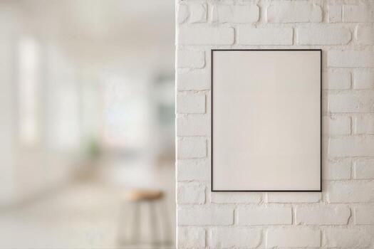 Industrial Loft With Poster Frame On White Brick Wall In Bright Minimalist Interior With Shallow Depth Of Field Showing Blurred Background photo