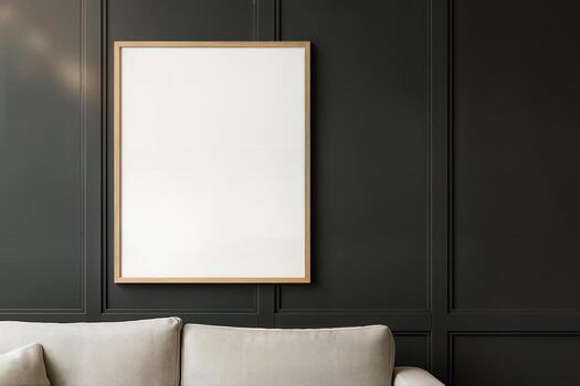 Modern Sofa Displayed Against Dark Paneled Wall With Empty Wooden Frame for Art in Contemporary Indoor Setting Offering Space for Customization photo