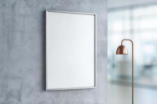 Modern Design Showcase Featuring Minimalist White Frame Poster on Concrete Wall with Copper Pendant Lamp in Bright Indoor Setting photo