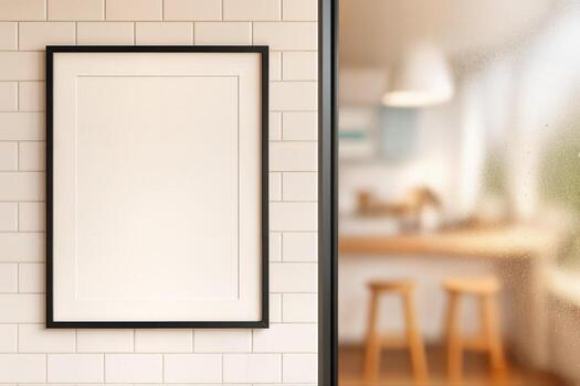 Kitchen Frame Mockup Featuring a Blank Frame on a Tiled Wall with a Cozy Kitchen Background in Soft Focus, Highlighting Modern Interior Design photo