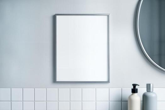 Bathroom Frame Displayed Above Tiled Wall With Minimalist Decor Featuring Soap Dispensers On A Countertop And Circular Mirror In A Modern Indoor Setting photo