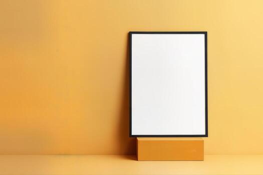 Poster Mockup Displayed Against a Bright Yellow Background on a Small Stand Offering Ample Copy Space for Design Presentations photo