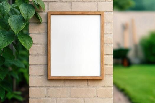 Frame Displayed on a Brick Wall in a Garden Setting with Lush Greenery, Providing a Versatile Template for Artwork or Signage in Natural Light photo