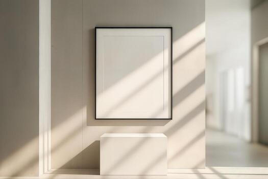 Minimalist Gallery Corner With Sunlit Walls and an Abstract Framed Artwork Emphasizing Contemporary Design and Simple Aesthetics photo