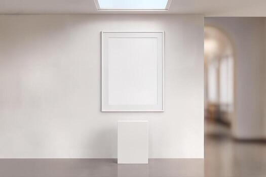 Minimalist Art Gallery Interior Featuring An Empty White Frame On A Wall Under Soft Natural Light With An Archway In The Background photo