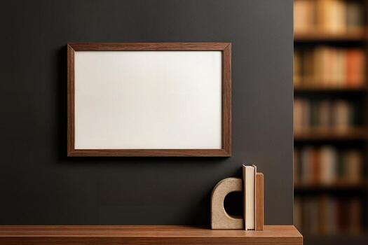 Library Corner Featuring A Blank Picture Frame And Books On A Wooden Shelf Against A Dark Wall With Blurred Bookshelves In The Background photo