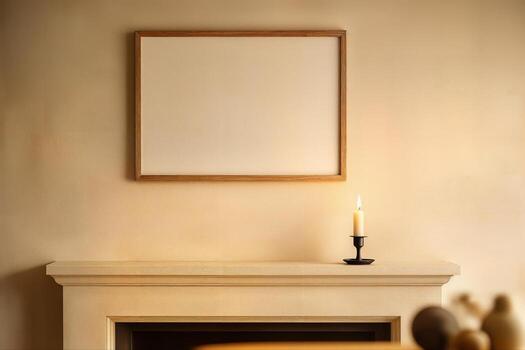 Elegant Indoor Fireplace Setting with a Lit Candle on the Mantel and an Empty Frame Above Against a Warm Beige Wall, Creating a Cozy Atmosphere with Soft Lighting photo