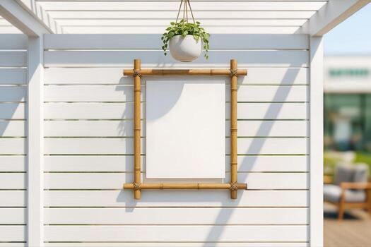 Pergola Showcasing a Hanging Planter and Bamboo Frame on a Sunny Day in an Outdoor Setting With Shadow Details and Minimalist Composition photo