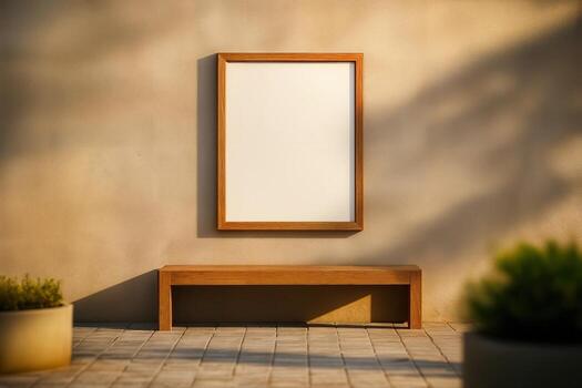 Courtyard With an Empty Wooden Frame on a Sunny Afternoon Featuring Minimalist Warm Tones and Shadows Casting Over the Tiled Floor and Plant in Foreground photo