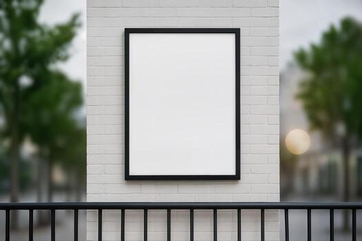 Modern Facade Displaying Blank Poster Frame Outdoors on a White Brick Wall with Blurred Trees in the Background and a Black Metal Fence in the Foreground photo