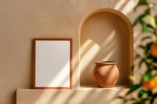 Garden Alcove Featuring Sunlit Wall With Clay Pot And Picture Frame Displaying A Minimalist Setting With Natural Light Filtering Across The Surface photo