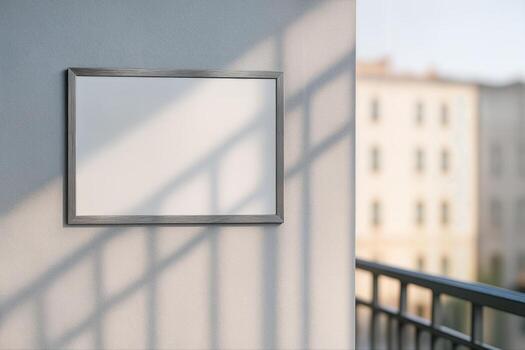 Geometric Shadows Cast on a Balcony Wall with a Blank Picture Frame Under Natural Light Creating an Urban Aesthetic with Shallow Depth of Field photo