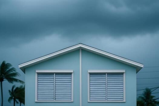 Coastal House Under Stormy Skies Highlighting Resilience With Palm Trees Swaying In The Background And A Dramatic Cloudy Sky photo