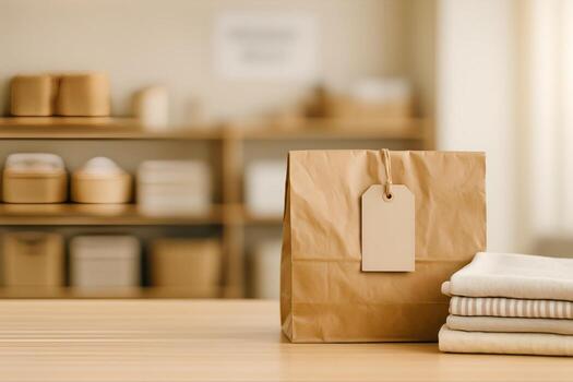Neutral Linen Display Featuring Folded Linens and a Brown Paper Bag on a Wooden Table in a Cozy Minimalist Setting With Blurred Background photo