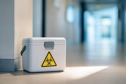 Biosecurity Corridor in a Laboratory Setting Featuring a Biohazard Container with a Warning Symbol in Focus and a Strong Blurred Background with Shallow Depth of Field photo