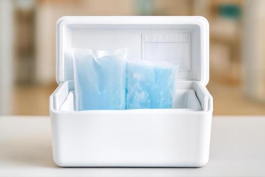 Transport Cooler in a Close Up View with Ice Packs Inside Indoors, Highlighting Its Utility for Keeping Items Fresh and Cold for Storage or Transport photo