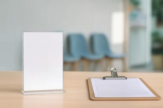 Acrylic Sign Holder on a Wooden Table with a Clipboard in a Bright Office Setting for Business or Reception Area Usage with Blurred Chairs in the Background photo