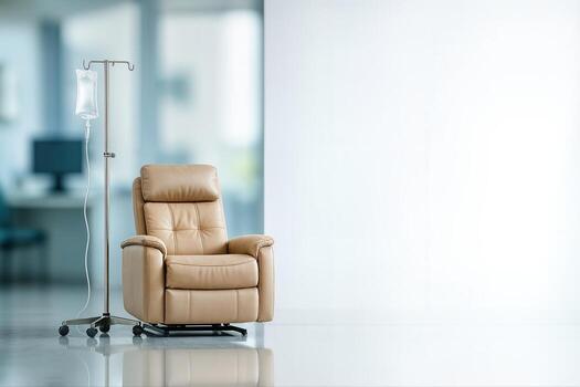 Infusion Suite Featuring Comfortable Recliner And IV Stand In Modern Medical Facility With Blurred Background And Ample Space For Text Or Graphics photo