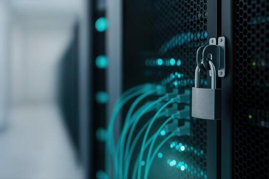 Data Center Server Rack Closeup Featuring a Secure Padlock and Network Cables in a Modern Technology Facility with Dimmed Ambient Lighting photo