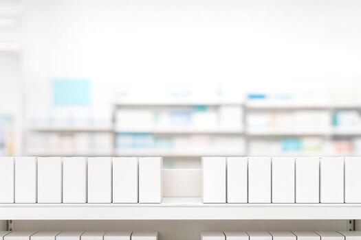 Pharmacy Shelf With Empty White Boxes in a Bright Indoor Setting Suggesting Inventory or Organization With Shallow Depth Of Field photo