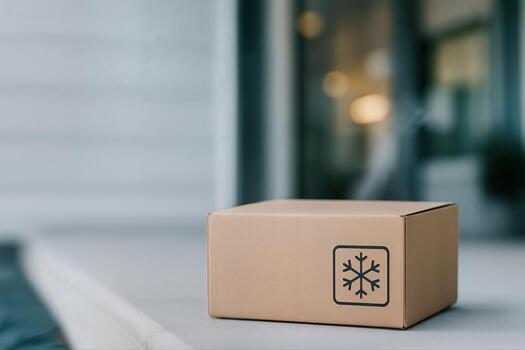 Delivery Parcel With Chilled Goods Icon On A Box Placed Outdoors With A Blurred Background Indicating A Home Setting During Daylight photo