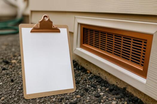 Soffit Vent and Clipboard on Gravel Surface with Building Exterior in Background During Daylight Providing Construction Inspection Context photo