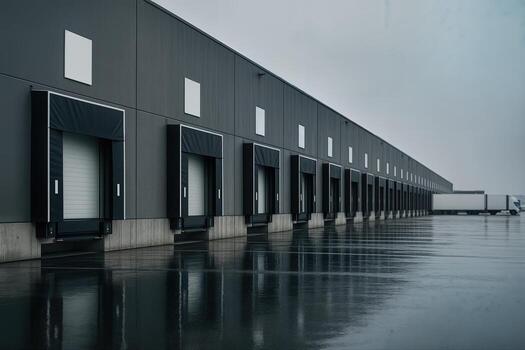 Industrial Warehouse Loading Docks Displaying Modern Logistics Infrastructure on a Cloudy Day with Wet Reflections on the Ground photo