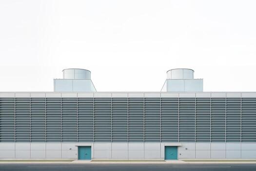 Modern data center exterior with sleek minimalist architecture, featuring ventilation structures and turquoise doors against a white sky for a crisp look photo