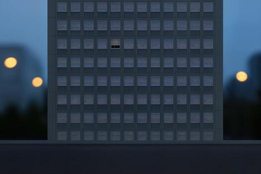 Apartment Building at Twilight with Even Rows of Windows Creating a Grid like Pattern and Surrounding Bokeh Circles Adding a Dreamy Effect With Shallow Depth of Field photo