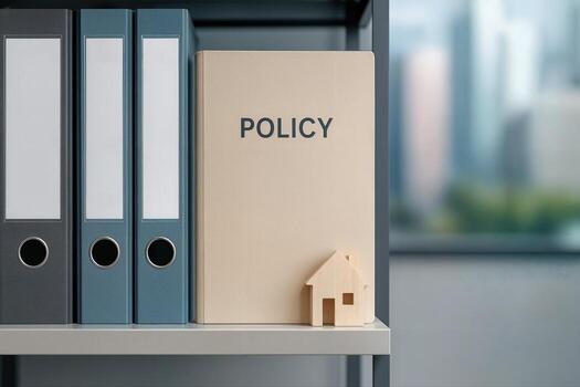 Insurance Office Binders On A Shelf With A Miniature House Set Against A Cityscape Background On A Sunny Day Indoors Symbolizing Home Policies photo